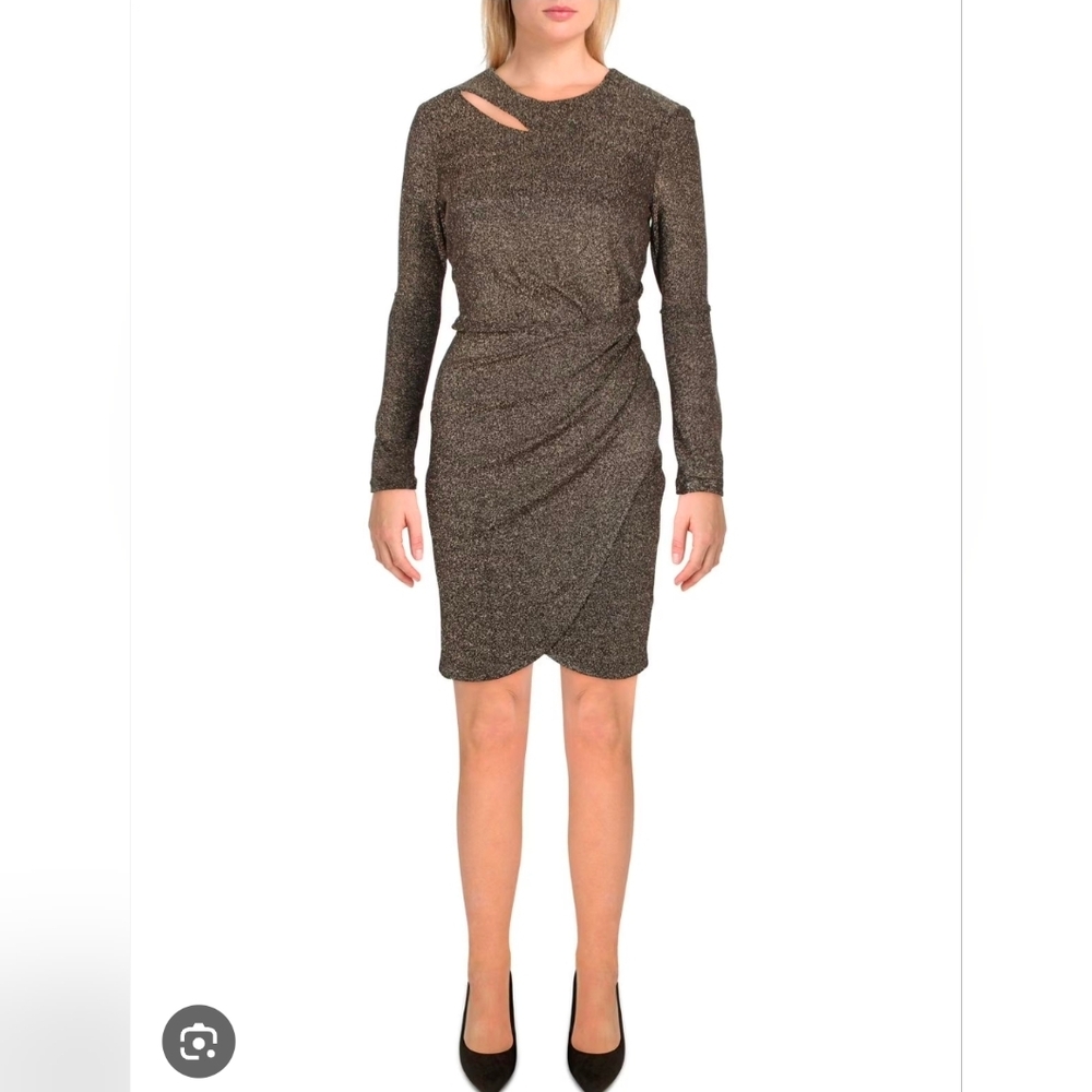 DKNY Brown Bronze Metallic Gold Shimmer Slit Drape Front Dress Detail SZ 4